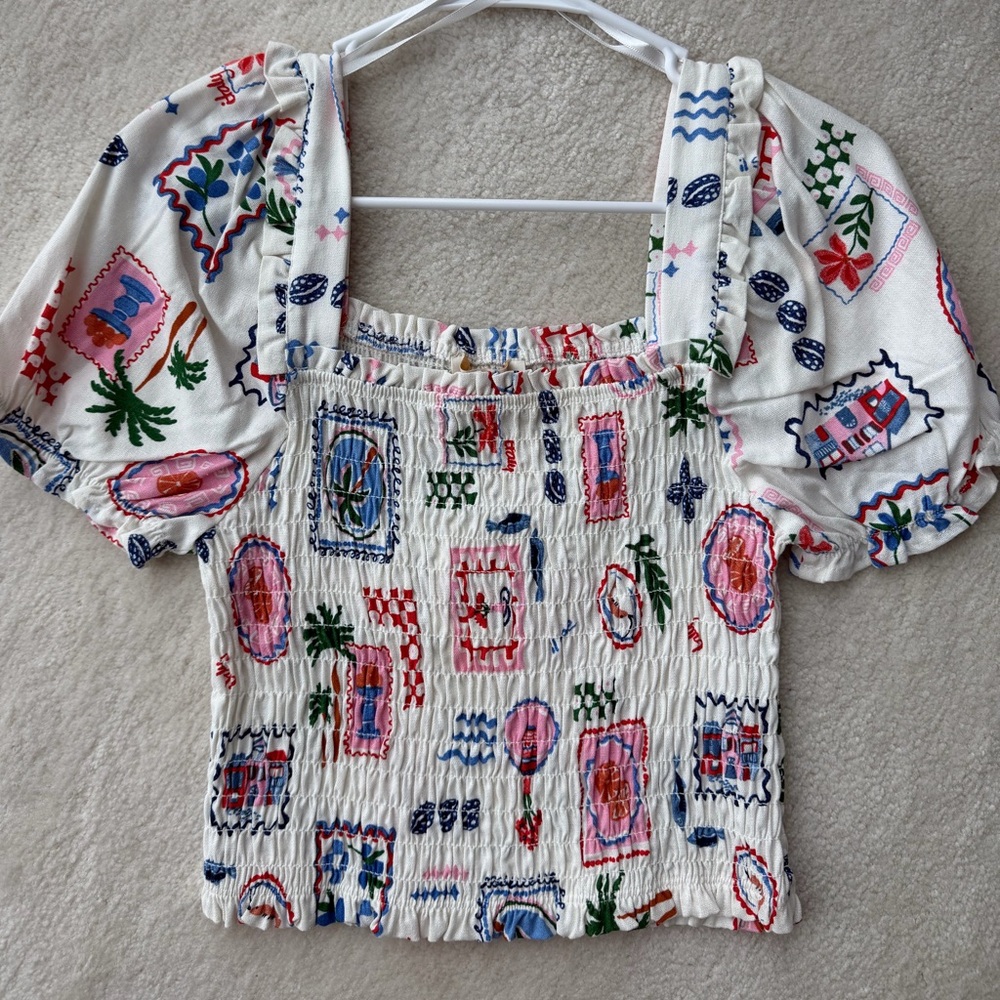 BNWT Anthropologie Monteau White Punk Multicolor Square-Neck Rutched Crop Top